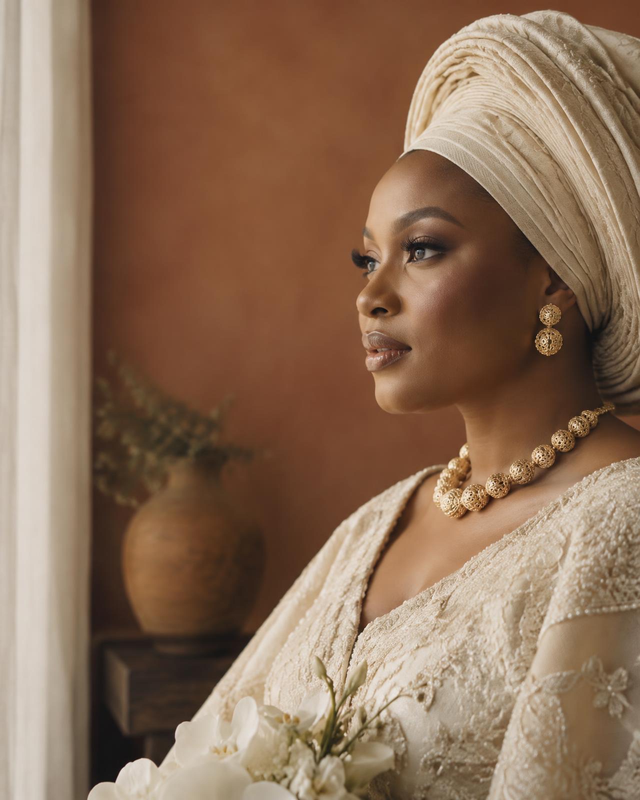 A Lagos bride in ivory lace and gele, finished by MUSE